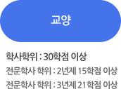 교양 - 학사학위 : 30학점 이상, 전문학사 학위 : 2년제 15학점 이상, 전문학사 학위 : 3년제 21학점 이상